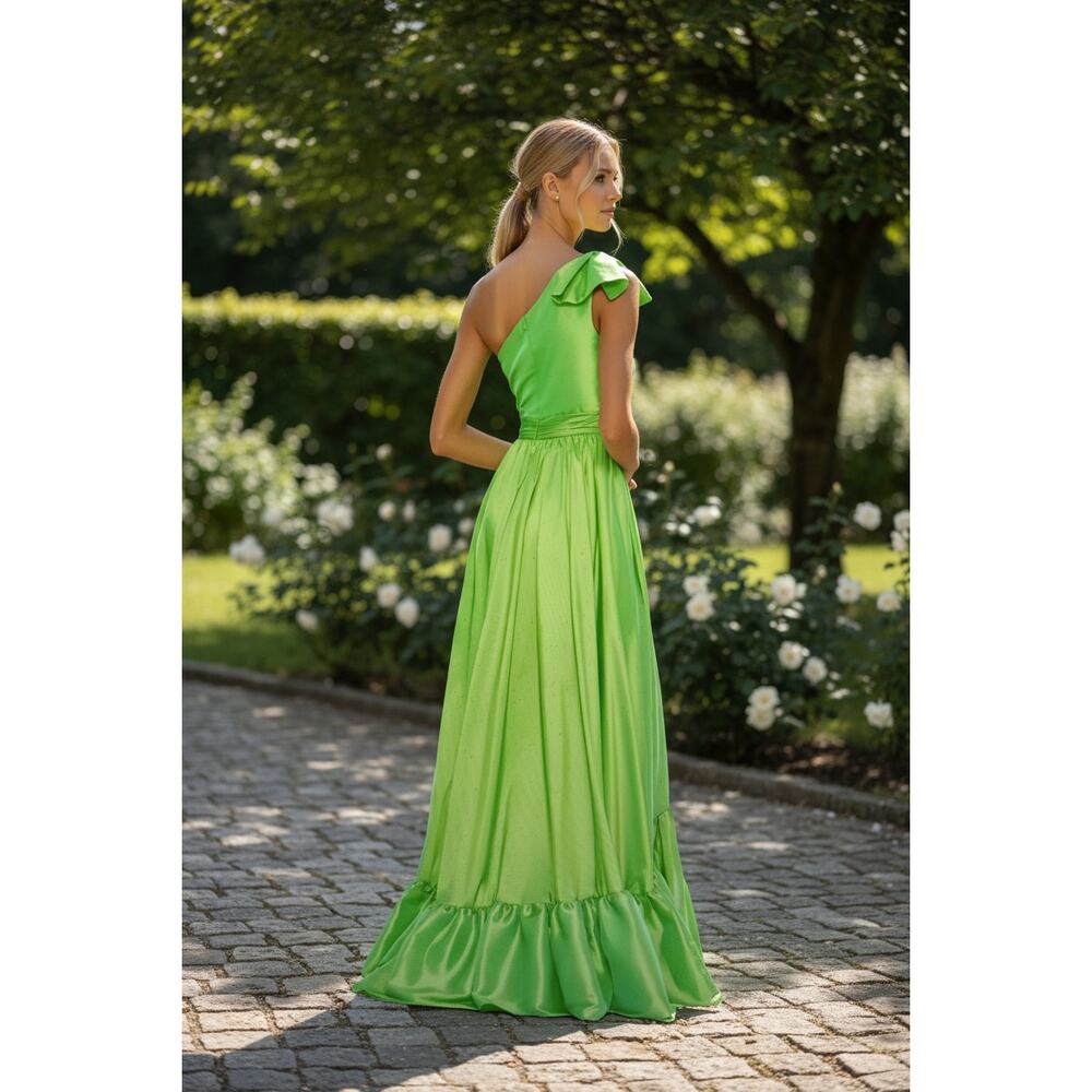 MAC DUGGAL Dress Size 0 Evening Gown NEW Green Bow One Shoulder Ruffle - Picture 2 of 8